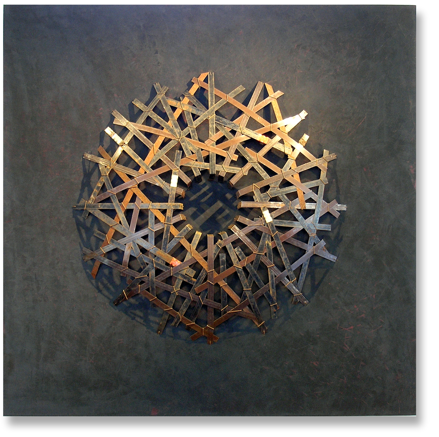 Mixed media assemblage with constuction steel banding